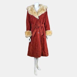 Vintage 70s Penny Lane Coat L Faux Fur Collar Cuffs Burnt Orange Micro-Suede
